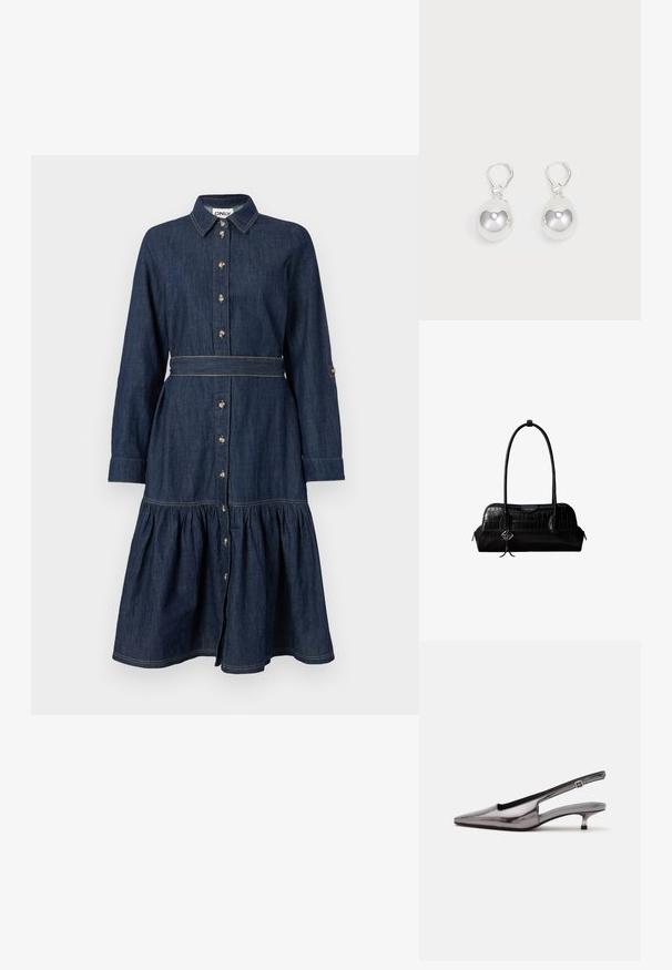 Denimkjole med krave, hel knapfront, lange ærmer og lagdelt nederdel. Mørkeblå farve med guldfarvede knapper og syninger.; Metalgrå spids slingback-sko med lav kittenhæle og justerbar rem på hvid baggrund.; Sort skuldertaske i krokodillelæder med lange stropper og lille sølvlogo-charm på den ene strop.; Sølv dråbeøreringe med glatte, runde, reflekterende overflader hængende fra svingelukkede låse. Baggrunden er helt hvid.