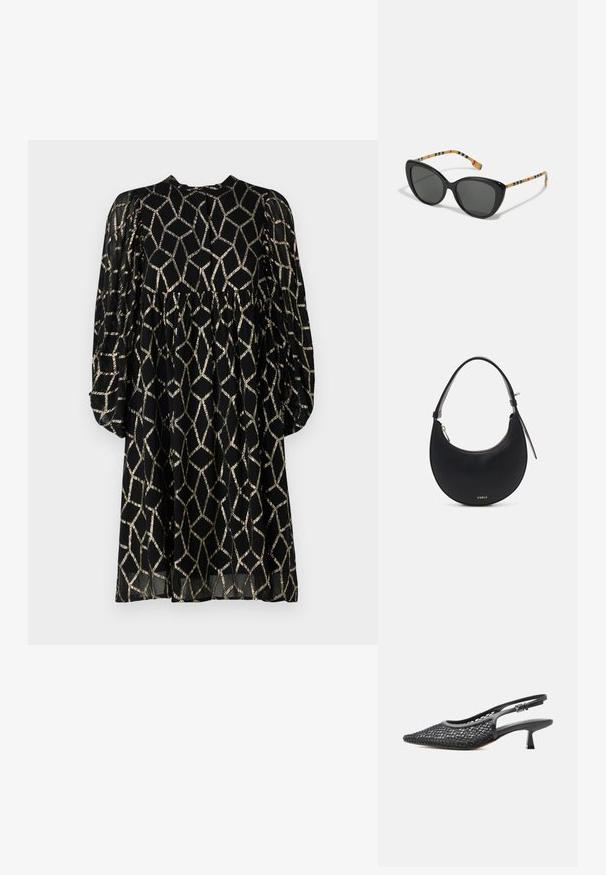 Musta mekko kultaisella geometrisella kuvioinnilla, pitkät puffihihat, pyöreä kaula-aukko ja virtaava siluetti. Kevyt, läpikuultava kangas.; Musta verkkomateriaaliset kärkikulmaiset slingback-kengät pienellä korolla ja säädettävällä nilkkahihnalla valkoisella taustalla.; Musta kissasilmälasit tummilla linsseillä. Temppelet on koristeltu monivärisellä raidoituksella vaalealla taustalla. Suuri muovikehys.; Musta nahkainen olkalaukku, jossa on kaareva muoto, vetoketjukiinnitys ja kultasävytteiset yksityiskohdat. Edessä on logo ja ohut hihna.