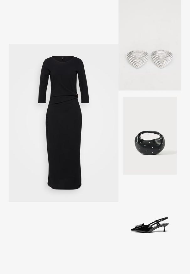 Zwart, langemouwen jurk met een ronde halslijn, heeft een gedraaide details bij de taille bevestigd met een gouden accent, met een vloerlange silhouet.; Zwarte gepatineerde lederen slingback hakken met een puntige neus, een strikdetail aan de voorkant en een kleine stilettohak. De bandjes hebben verstelbare gespen.; Zwarte leren handtas met een afgeronde vorm, versierd met zilveren studs, en een korte handgreep. Gladde textuur en ritsluiting.; Zilverkleurige oorknoppen met een golvend, getextureerd ontwerp, gevormd als overlappende maanschijven; de gepolijste afwerking versterkt de reflecterende kwaliteiten.