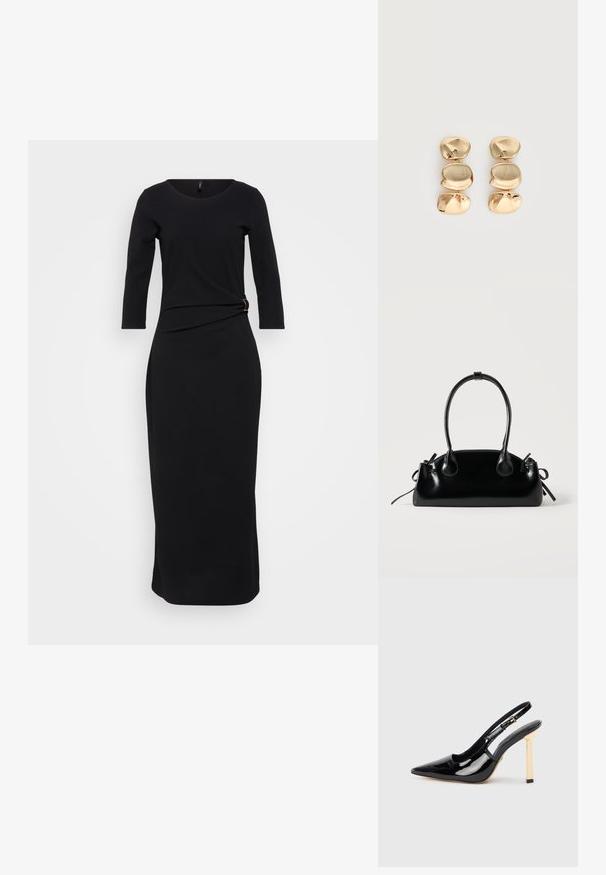 Zwart, langemouwen jurk met een ronde halslijn, heeft een gedraaide details bij de taille bevestigd met een gouden accent, met een vloerlange silhouet.; Zwarte lakleren slingback hoge hak schoen met puntige neus en goudkleurige vierkante hakaccent. Voorzien van een verstelbare enkelband.; Kleine zwarte glanzende handtas met twee lange hengsels en zijkant trekkoord details op een effen lichte achtergrond.; Oorbellen in goudkleur met drie onregelmatige, gladde, afgeronde segmenten die verticaal opgestapeld zijn op een egale lichte achtergrond.