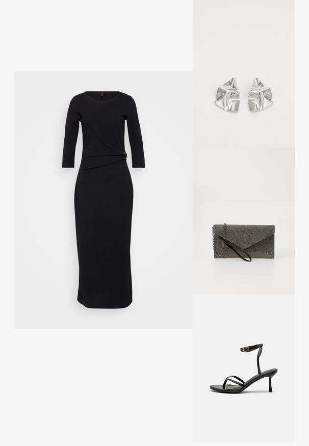 Schwarzes, langärmeliges Kleid mit rundem Halsausschnitt, verfügt über ein verdrehtes Detail an der Taille, gesichert durch einen goldfarbenen Akzent, bodenlanger Schnitt.; Schwarze High-Heels-Sandalen mit einem schmalen Riemendesign, glatter Textur, Knöchelverschluss und einer spitzen Fußspitze. Verstellbares Knöchelriemchen.; Metallisch graue Clutch-Tasche mit strukturiertem Mesh-Muster, Kuvert-Design, Kettenriemen und einem eleganten, dünnen Handgelenkriemen.; Silberne Metallohrringe mit einem wellenförmigen, skulpturalen Design, das eine polierte Oberfläche und unregelmäßige Formen aufweist, die eine zeitgenössische Ästhetik betonen.