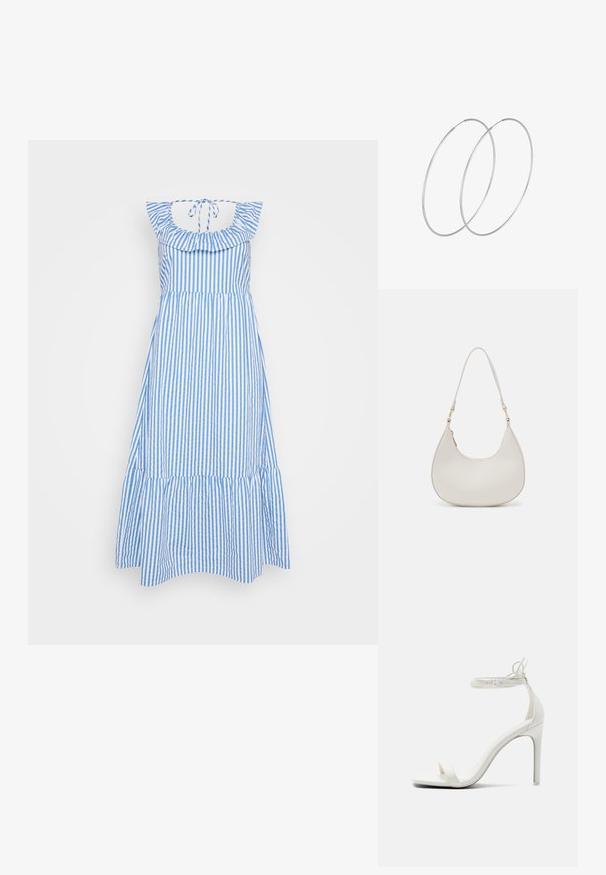Vestido de tirantes a rayas con líneas verticales azules y blancas, escote con volantes, detalle de lazo en la parte posterior y un dobladillo acampanado. Material de mezcla de algodón.; Call it Spring Sandalias de tacón - white; Bolso de hombro de cuero crema con forma de media luna, correa delgada y sutil detalle de costuras. Diseño minimalista con acentos de hardware en tono dorado.; Pendientes de aro plateados con un diseño minimalista. Forma circular, textura suave y perfil delgado. Livianos con un acabado pulido.