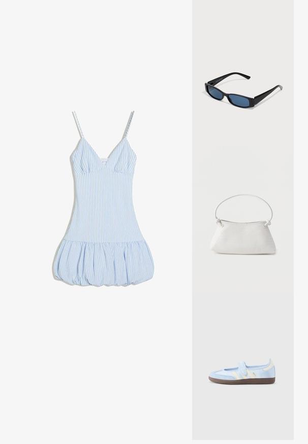 Robe sans manches à rayures verticales bleu clair et blanc, avec des bretelles spaghetti et un ourlet bouffant froncé.; Baskets bleu clair avec une sangle à velcro, des bandes crème sur les côtés, tige en tissu souple, semelle en caoutchouc marron texturée.; Lunettes de soleil noires avec une monture rectangulaire élégante et des verres bleus. Présente une texture lisse et des branches robustes. Logo de la marque sur le côté.; Sac à main en cuir tressé blanc avec poignée arrondie et extrémités de lanière nouées, présenté sur un fond uni.