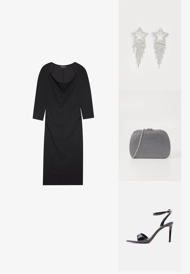 Robe noire avec décolleté drapé, manches trois-quarts, silhouette ajustée et subtile fronce sur les côtés. Fabriquée en tissu lisse.; Sandale à talon haut en cuir verni noir, à bout ouvert, avec bride à la cheville et fermeture à boucle, vue de profil sur fond blanc.; Pochette texturée noir et blanc de forme arrondie, avec une chaîne en métal argenté et un fermoir en métal en haut.; Boucles d'oreilles en strass en forme d'étoile avec des détails de franges en cascade, présentant une teinte argentée et une surface brillante et réfléchissante. Forme d'étoile avec un design complexe.