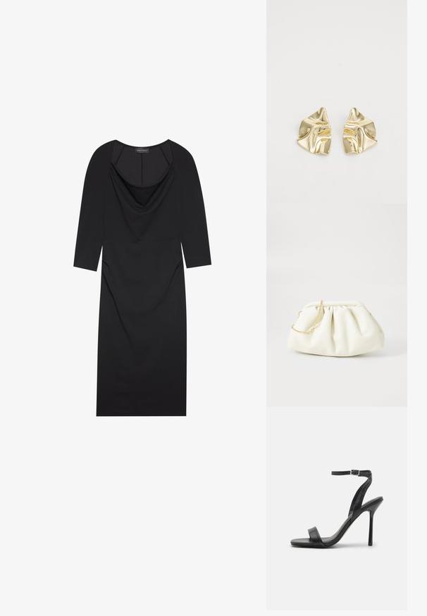 Sort kjole med draperet neckline, trekvart ærmer, tætsiddende pasform og diskret rynkning i siderne. Lavet af glat stof.; Sort højhælet sandal med en slank ankelrem og to forreste bånd. Lavet af glat læder med en slank spids tå og stilettohæl.; Hvid læderhåndtaske med en samlede design, forsynet med en guldkæde-strop og en rund form. Glat tekstur med bløde folder og ingen mønstre.; Guldmetalløreringe med et bølget design; glat, reflekterende overflade; asymmetrisk form; ingen synlige mønstre eller hardware.