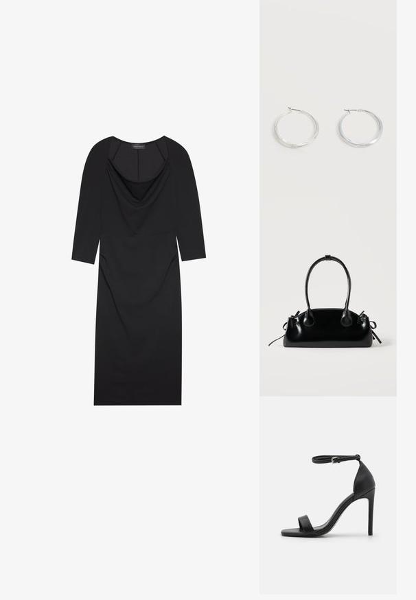 Sort kjole med draperet neckline, trekvart ærmer, tætsiddende pasform og diskret rynkning i siderne. Lavet af glat stof.; Sort højhælet sandal med et sleek design, der har en ankelrem, åben tå og glat lædertekstur.; Lille sort blank håndtaske med to lange håndtag og snøre-detaljer i siden på en ensfarvet lys baggrund.; Sølvfarvede metaloorringe med glat, let buet overflade og låsemekanisme på en ensfarvet hvid baggrund.
