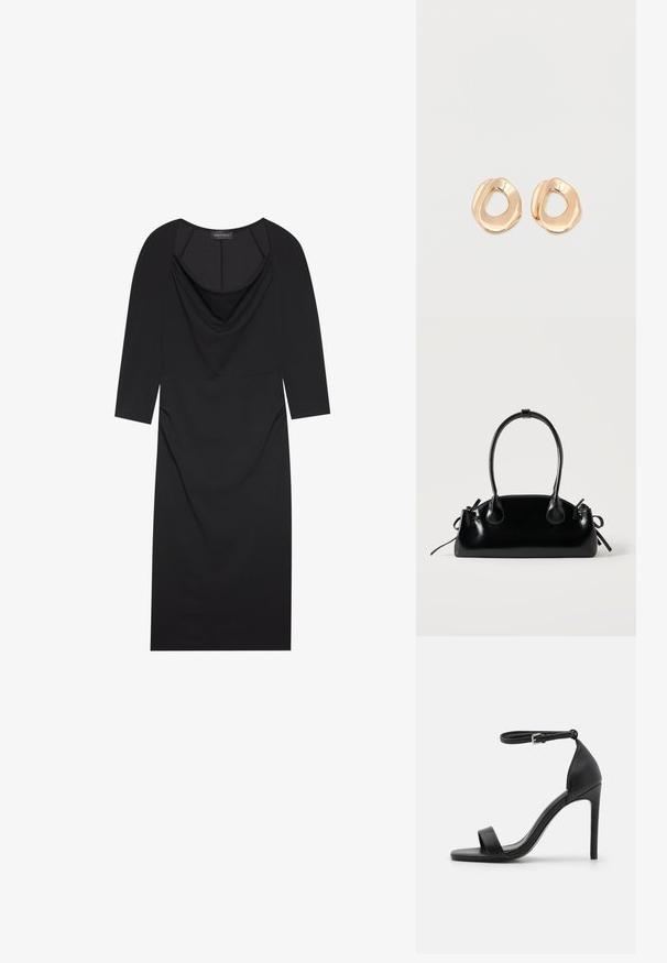 Sort kjole med draperet neckline, trekvart ærmer, tætsiddende pasform og diskret rynkning i siderne. Lavet af glat stof.; Sort højhælet sandal med et sleek design, der har en ankelrem, åben tå og glat lædertekstur.; Lille sort blank håndtaske med to lange håndtag og snøre-detaljer i siden på en ensfarvet lys baggrund.; Par af uregelmæssigt formede, polerede øreringe i guldfarvet metal med åben midte på en ens hvid baggrund.