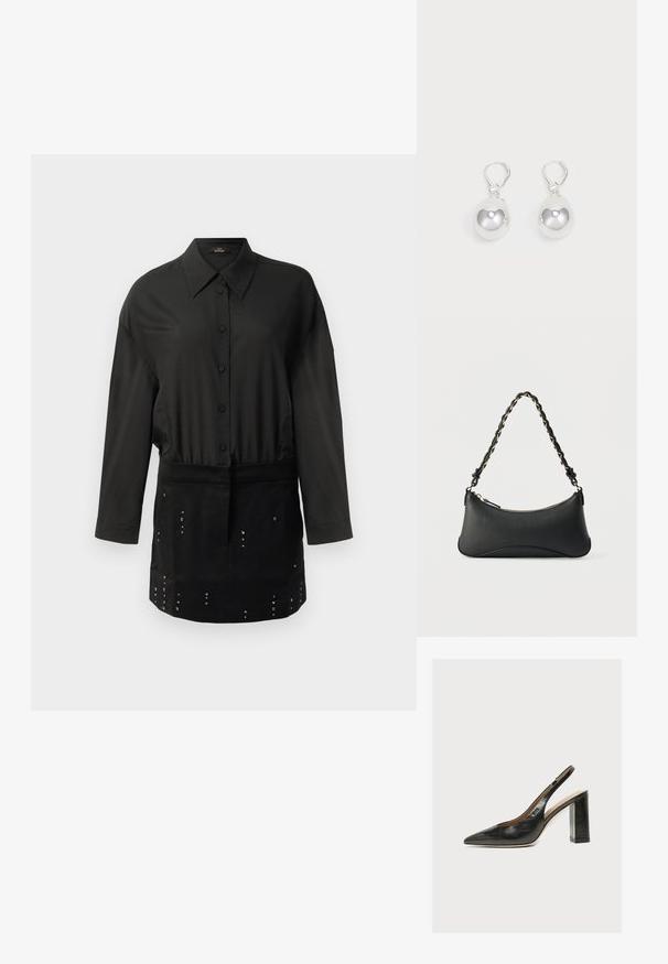 Sort langærmet skjorte med knaplukning og spids krave samt et nitterdesign på den nedre forreste panel.; Sort læder kvindesko med slingback, spids tå og tyk blokhøj hæl på hvid baggrund.; Sort skuldertaske i læder med en buet rektangulær form, gyldent kæde vævet ind i en flettet sort rem og toplynlås.; Sølv dråbeøreringe med glatte, runde, reflekterende overflader hængende fra svingelukkede låse. Baggrunden er helt hvid.