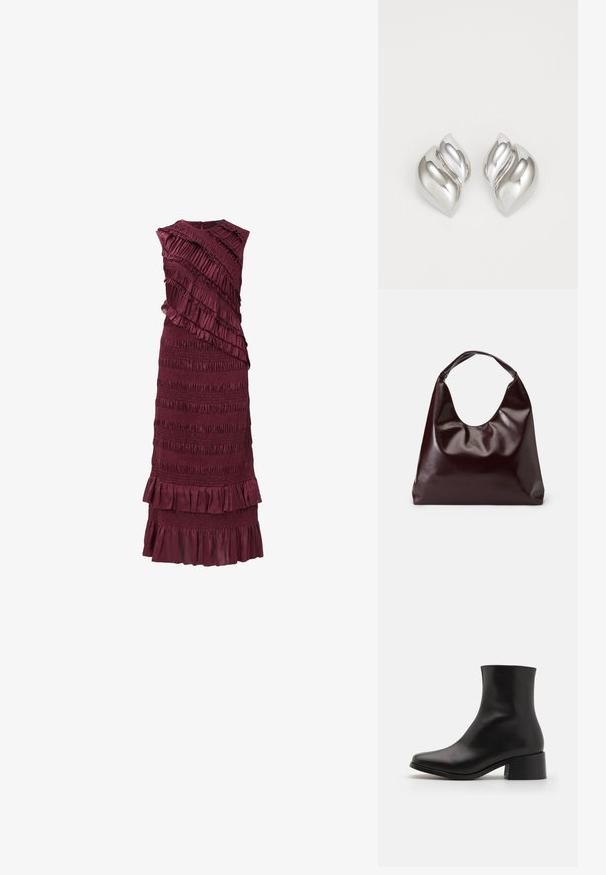 Vestido sin mangas burdeos con volantes en capas y textura fruncida, que presenta un corsé ajustado y un dobladillo acampanado.; Botines de cuero negro con punta redonda, tacón medio y diseño sin costuras. Textura suave con detalles de costura mínimos.; Bolso tote vegan de cuero brillante en burdeos, con una forma suave y escultórica y un asa ancha y curvada para facilitar el transporte.; Pendientes de plata con una forma orgánica y abstracta. Superficie lisa y brillante con un diseño cónico. Presentan suaves curvas y un detalle de línea central.