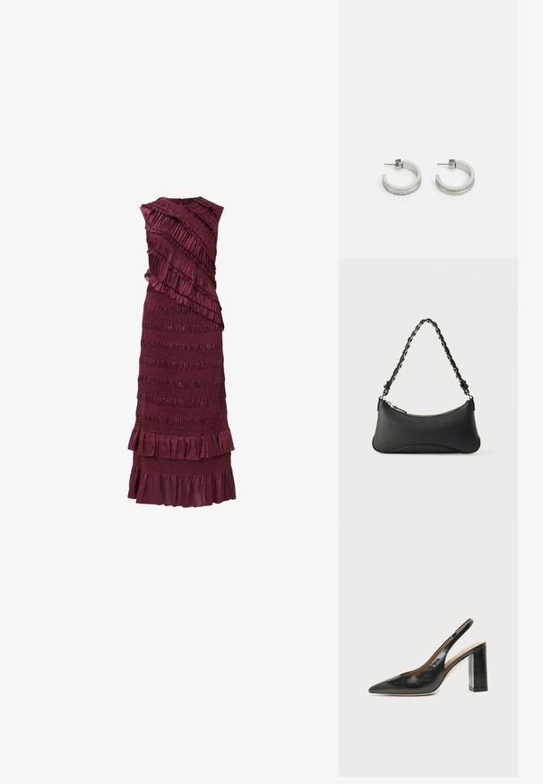 Bordeaux mouwloze jurk met gelaagde ruches en smocktextuur, met een aansluitende corsage en een uitlopende zoom.; Zwarte leren slingback schoen met spits toelopend neusje, hoge blokhak en beige binnenvoering tegen een effen lichte achtergrond.; Zwarte lederen schoudertas met een gebogen rechthoekige vorm, gouden ketting verweven in een gevlochten zwarte band, en een ritssluiting bovenop.; Zilveren oorringen met een gladde oppervlakte en een rij kleine heldere stenen langs de onderrand, met een achterkant met een knop.
