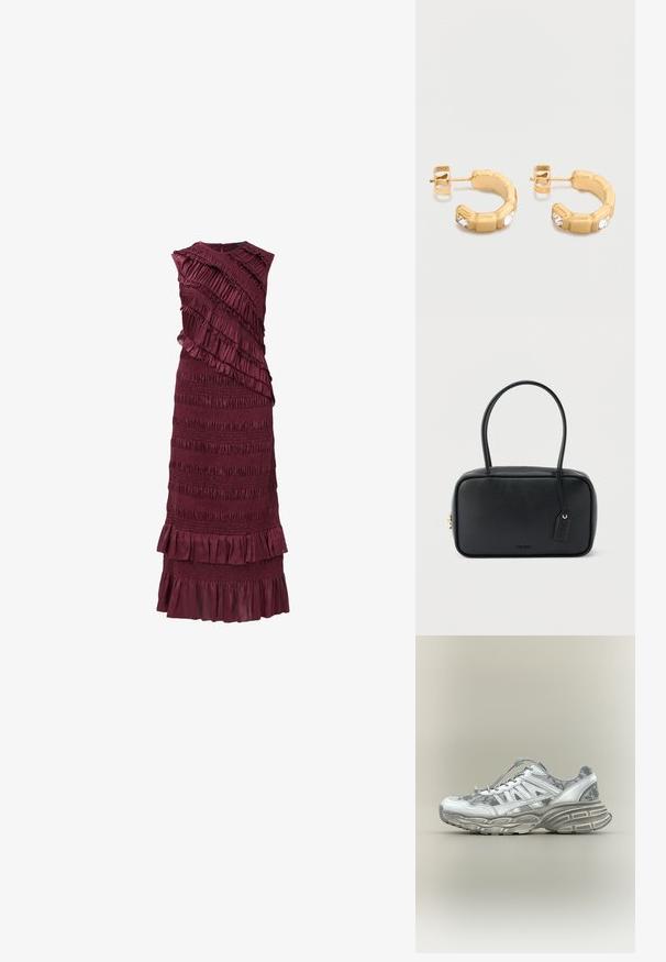 Burgunderfarbenes ärmelloses Kleid mit gestuften Rüschen und geraffter Textur, das einen taillierten Oberteil und einen ausgestellten Saum hat.; Weißer und grauer Sportschuh mit Blumenmuster, dicker, strukturierter Sohle und elastischem Zugverschluss auf neutralem Hintergrund.; Schwarze rechteckige Handtasche mit doppelten, abgerundeten Griffen, goldfarbenem Reißverschluss und geprägtem „HUGO“-Logo auf der Vorderseite sowie angebrachtem Lederanhänger.; Kleine goldene Creolen mit rechteckigen Segmenten, jeweils mit einem klaren Edelstein auf der Vorderseite besetzt, mit Ohrsteckerverschluss.