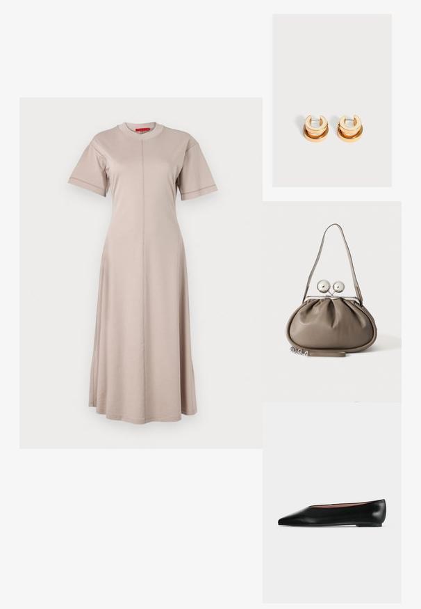 Beiges Baumwollmischkleid mit kurzen Ärmeln, rundem Ausschnitt, vertikalen Nahtdetails und auslaufendem Saum. Weicher Stoff mit glatter Textur.; Schwarzer flacher Damenleder-Schuh mit spitzer Kappe und niedrigem Absatz, von der Seite auf einfarbigem hellgrauem Hintergrund gezeigt.; Graue Lederhandtasche mit abgerundeter Form, oberem Verschluss mit zwei großen silbernen Kugeln und einem einzelnen Trageriemen.; Paar goldfarbene Creolen mit einer breiteren Halbmondform oben und einem runden Reifen, der darunter hängt.