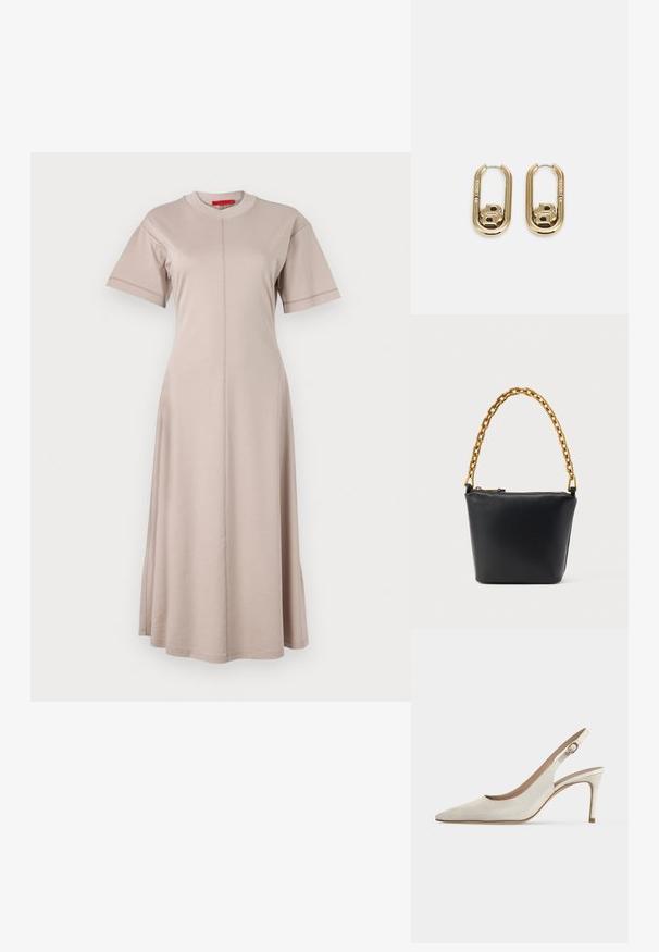 Beiges Baumwollmischkleid mit kurzen Ärmeln, rundem Ausschnitt, vertikalen Nahtdetails und auslaufendem Saum. Weicher Stoff mit glatter Textur.; Weißer Lederslingpumps mit spitzer Zehenpartie und Schnallenriemen vor einfachem Hintergrund.; Schwarze Ledertasche mit einem goldenen Kettenhenkel und einem oberen Reißverschluss, dargestellt vor einem schlichten hellen Hintergrund.; BOSS DOUBLE B SWING - Ohrringe - gold-coloured