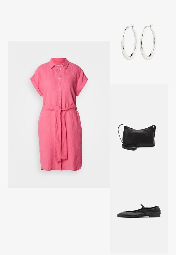 Rosa Leinenhemdkleid mit Kragen, kurzen aufgerollten Ärmeln, vorderen Knöpfen und einem Taillengürtel. Verfügt über einen entspannten Schnitt und eine glatte Textur.; Schwarze Leder-Ballettschuhe mit einer abgerundeten Zehe, schmalem Vorderblatt und einem kleinen Knöchelriemen mit einer runden Schnalle. Niedrige, flache Sohle.; Schwarze Ledertasche für die Schulter mit glatter Textur, geschwungener Form, verstellbarem Tragegurt und Reißverschluss. Minimalistisches Design ohne Verzierungen.; Silberne Creolen mit einer glatten, glänzenden Oberfläche. Kreisform, ausgestattet mit einem sicheren Verschluss. Einfaches und elegantes Design.