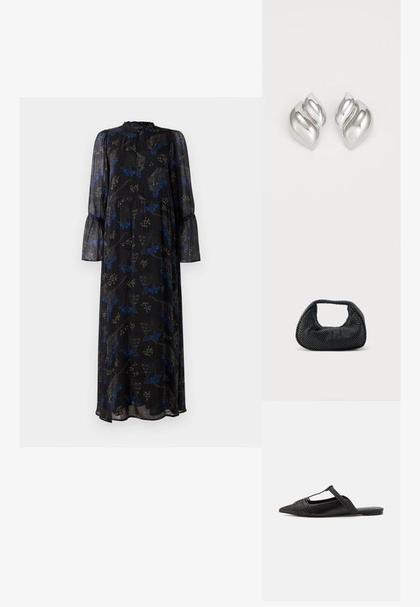Zwarte maxi jurk met lange mouwen, met ruches aan de manchetten, hoge halslijn en een blauw-beige luipaardprint patroon.; Zwarte leren slingback schoen met een puntige neus, voorzien van een gevlochten accent en geplooid ontwerp aan de bovenkant. Platte zool met minimale hardware.; Zwarte geweven hobo-tas met een zachte structuur en geïntegreerd handvat, weergegeven op een effen lichte achtergrond.; Zilveren oorbellen met een organische, abstracte vorm. Gladde, glanzende oppervlakte met een taps toelopend ontwerp. Beschikken over subtiele rondingen en een centrale lijn detail.