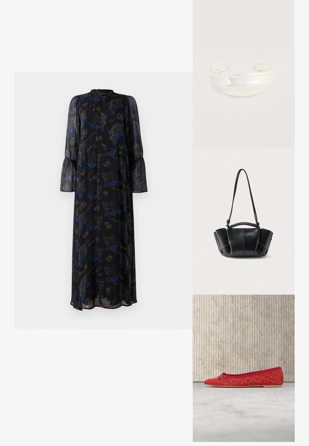 Schwarzes Maxikleid mit langen Ärmeln, Rüschensaum, hohem Kragen und einem blauen und beigen Leopardenmuster.; Roter flacher Schuh mit geometrischem Ausschnittmuster und Schleifendetail, schwebt über einem hellen Teppichboden in der Nähe brauner, durchscheinender Möbel.; Schwarze Ledertasche mit geschwungener Silhouette, gerafften Seiten, geflochtenem Griff und einem langen dünnen Riemen vor weißem Hintergrund.; Armspange aus poliertem Silbermetall. Verfügt über ein glattes, abgerundetes Design mit einem breiten, gebogenen Band, das an beiden Enden offen ist für eine verstellbare Passform.