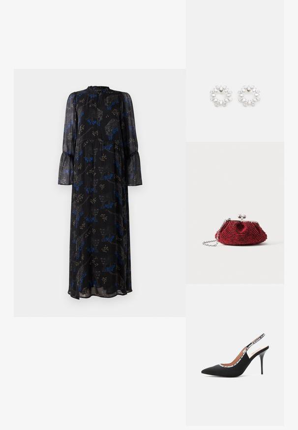 Čierne maxi šaty s dlhými rukávmi, ruffled manžetami, vysokým golierom a modro-bežovým leopardím vzorom.; Love Moschino LOGO TAPE - Obuv na vysokom opätku - black; Malá červená kabelka s korálkami so strieborným zapínaním a retiazkou na bielom pozadí.; Kruhové náušnice vyrobené z kovu, zdobené viacerými čírymi, fasetovanými kameňmi usporiadanými do trblietavého vzoru. Bezfarebné a reflexné.