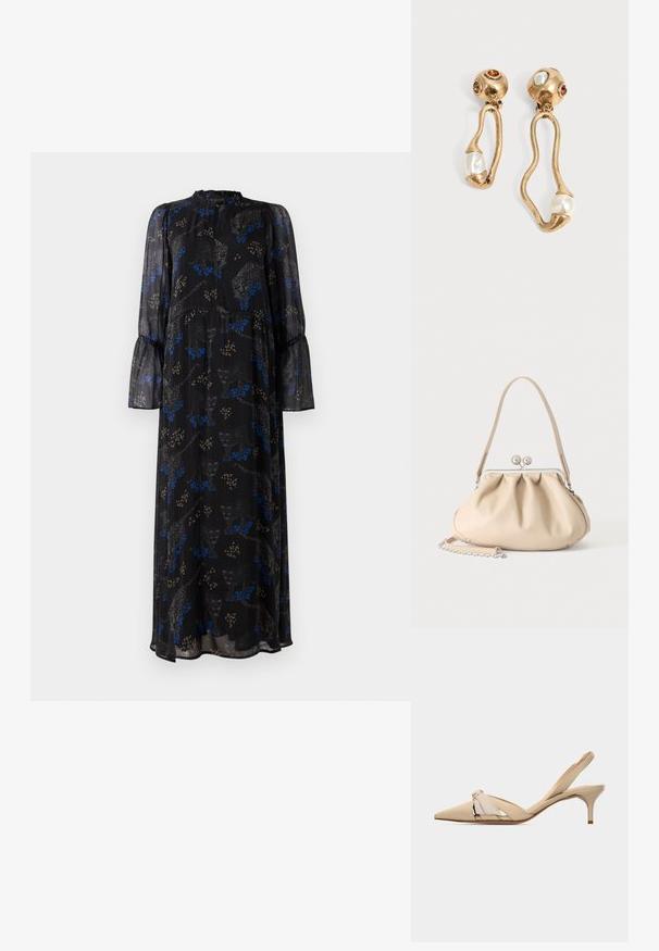 Zwarte maxi jurk met lange mouwen, met ruches aan de manchetten, hoge halslijn en een blauw-beige luipaardprint patroon.; Beige kittenheel slingback met puntige neus, decoratieve knoop op het bovenwerk en een lage, slanke hak.; Beige zachte leren handtas met een zilveren metalen frame sluiting, een enkele schouderriem en een optionele kettingriem op een witte achtergrond.; Goudkleurige oorbellen met onregelmatige open vormen, elk met een parel aan de onderkant en edelsteendetails op de ronde stekers.