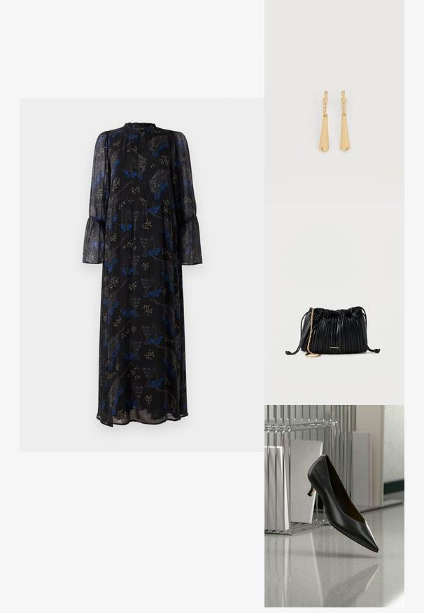 Zwarte maxi jurk met lange mouwen, met ruches aan de manchetten, hoge halslijn en een blauw-beige luipaardprint patroon.; Zwarte leren kittenheel-schoen met puntige neus zwevend boven een grijs gevlekte vloer, naast een metalen ordnerhouder met mappen.; Zwarte plissé leren handtas met trekkoord, gouden kettingriem en een klein horizontaal gouden accent aan de voorkant.; Oorbellen in goudkleur met glanzende, langgerekte druppelvormige hangers die aan kleine oorringen hangen, op een witte achtergrond.