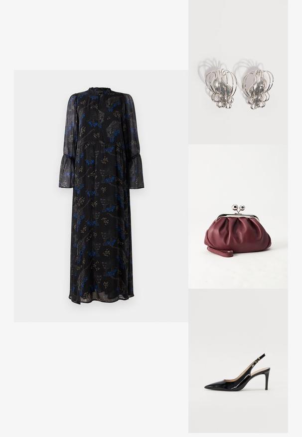 Zwarte maxi jurk met lange mouwen, met ruches aan de manchetten, hoge halslijn en een blauw-beige luipaardprint patroon.; Zwarte gepatineerde leren slingback pump met een puntige neus, slanke hak en een subtiel uitgesneden ontwerp. Bevat een gouden gesp op de band.; Kleine bordeauxrode leren clutch-portemonnee met zilverkleurige metalen sluiting en polsbandje op een witte achtergrond.; Een paar zilveren metalen oorbellen met een open draadkooi-ontwerp en gladde centrale ovale vormen die gebogen schaduwen werpen op een witte achtergrond.