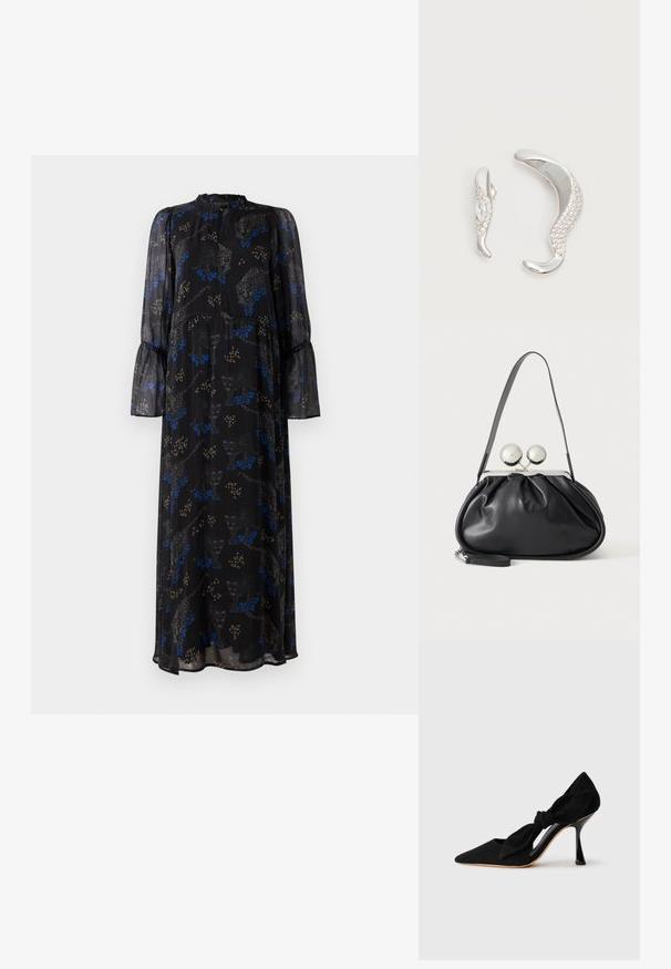 Schwarzes Maxikleid mit langen Ärmeln, Rüschensaum, hohem Kragen und einem blauen und beigen Leopardenmuster.; Schwarzer Wildleder-High-Heel-Schuh mit spitzem Zeh und einem Knoten-Detail an der Seite. Verfügt über einen glänzenden Stiletto-Absatz und ein Ausschnitt-Design.; Schwarze Ledertasche mit gerafftem Design, einem einzelnen Riemen, silbernem Metallrahmen und zwei großen runden silbernen Verschlüssen.; Zwei gebogene silberne Ohrringe, einer größer als der andere, beide mit kleinen funkelnden Kristallen entlang einer Kante verziert.