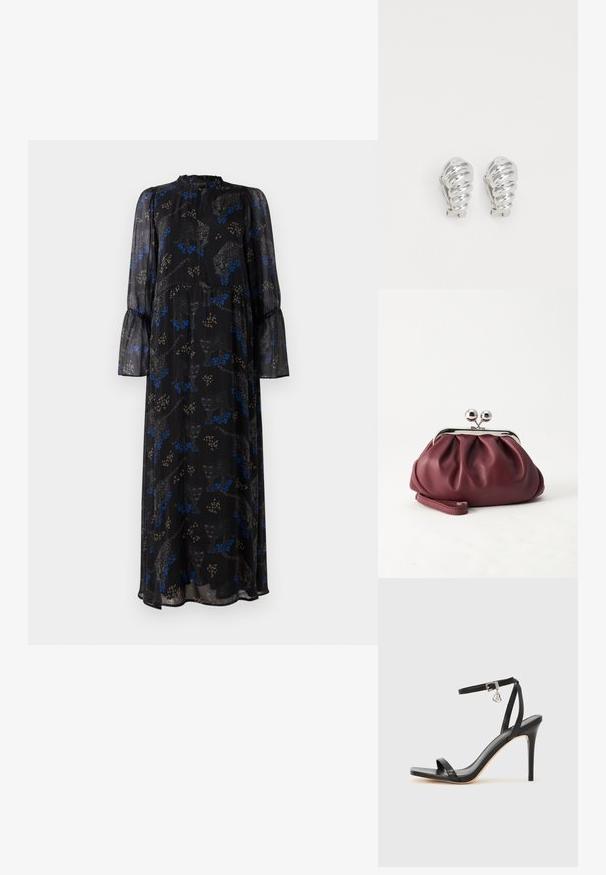 Vestido largo de manga larga negro con puños acampanados, escote alto y estampado de leopardo en azul y beige.; Sandalia de tacón alto negra con una estrecha correa en el tobillo, punta cuadrada, material de cuero liso y detalle de hebilla metálica.; Pequeño bolso de mano de cuero burdeos con cierre metálico plateado y correa de muñeca sobre un fondo blanco.; Pendientes de clip plateados con un diseño en espiral, que presentan una textura metálica suave y formas redondeadas. Sin adornos ni patrones visibles.