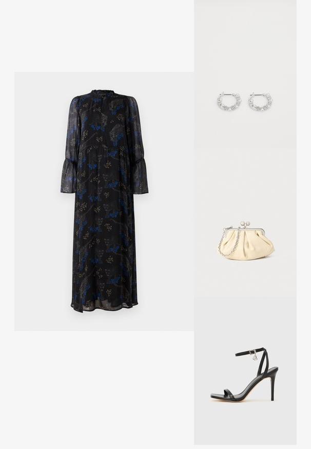 Zwarte maxi jurk met lange mouwen, met ruches aan de manchetten, hoge halslijn en een blauw-beige luipaardprint patroon.; Zwarte sandaal met hoge hak, smalle enkelband, vierkante neus, soepel leermateriaal en metalen gespsluiting.; Geplooide beige leren clutch met een zilveren metalen frame, voorzien van twee ronde decoratieve sluitingen en een zilveren kettingriem.; Zilveren oorringen met parel- en kristalaccenten, met een gestructureerd oppervlak en een veilige postsluiting.
