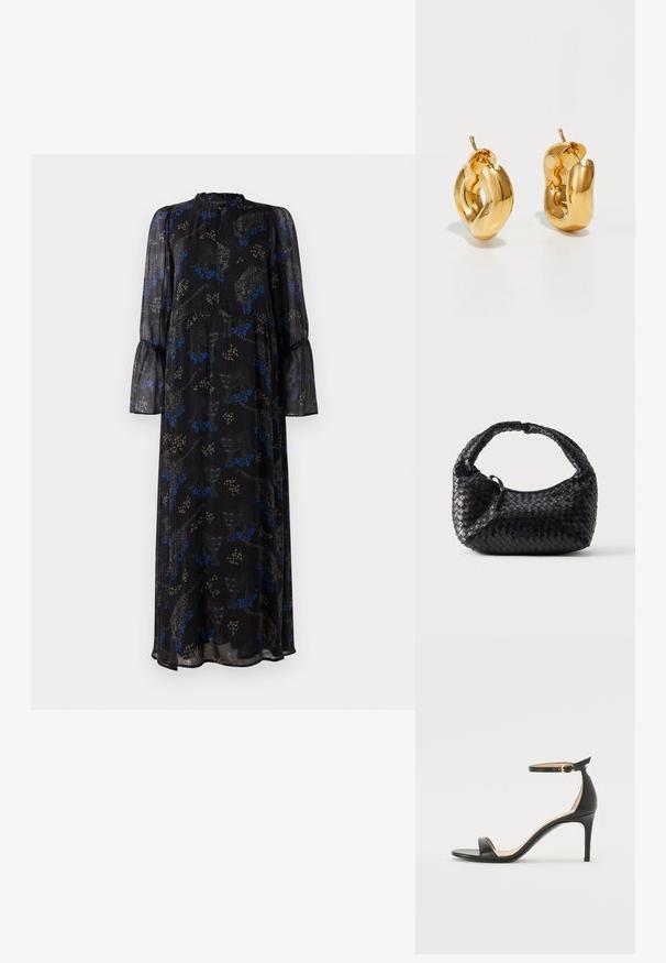 Schwarzes Maxikleid mit langen Ärmeln, Rüschensaum, hohem Kragen und einem blauen und beigen Leopardenmuster.; Schwarze Leder-high-heeled Sandale mit Knöchelriemen. Verfügt über eine glatte Textur, offene Zehen und einen dünnen Absatz. Goldfarbener Schnallenakzent.; Schwarze gewebte Handtasche mit abgerundeter Form, strukturierter Oberfläche und einem gebogenen Henkel. Verfügt über ein dezentes Logo-Detail auf der Vorderseite.; Fette goldene Creolen mit einem leicht verdrehten, röhrenförmigen Design und Steckverschlüssen auf einem weißen Hintergrund.