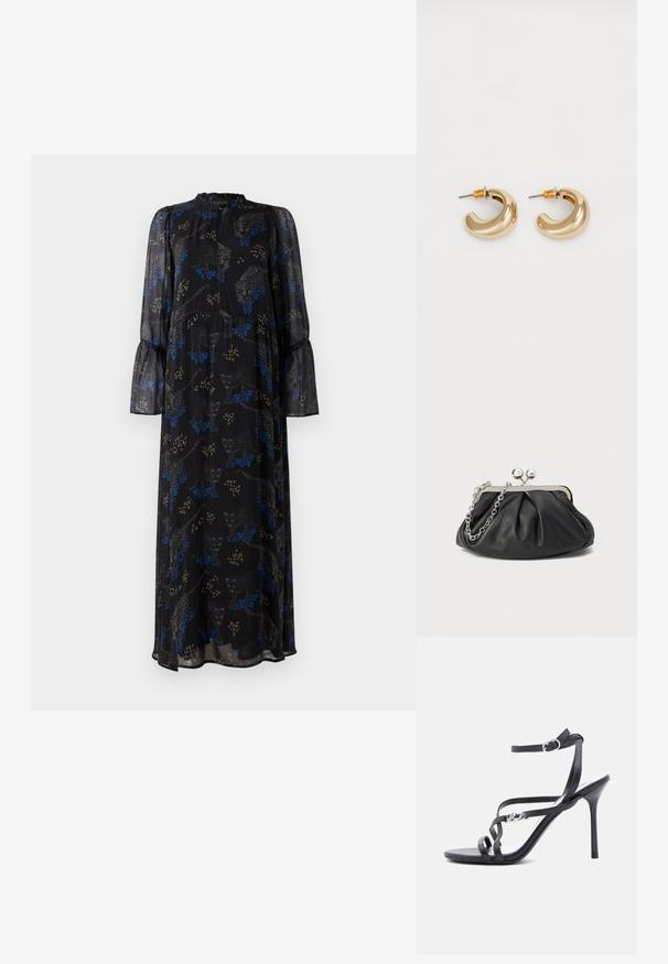 Zwarte maxi jurk met lange mouwen, met ruches aan de manchetten, hoge halslijn en een blauw-beige luipaardprint patroon.; Zwarte high-heeled sandaal met dunne bandjes, enkelgesp en een metalen logodetail aan het zijbandje, afgebeeld tegen een witte achtergrond.; Zwarte leren clutch met geplooide textuur, zilverkleurig metalen frame, drukknopsluiting en kettingriem. Glad, zacht oppervlak.; Twee glanzende gouden hoepel oorbellen in een gebogen ontwerp, met oranje accenten bij de oorpost, tegen een eenvoudige witte achtergrond.