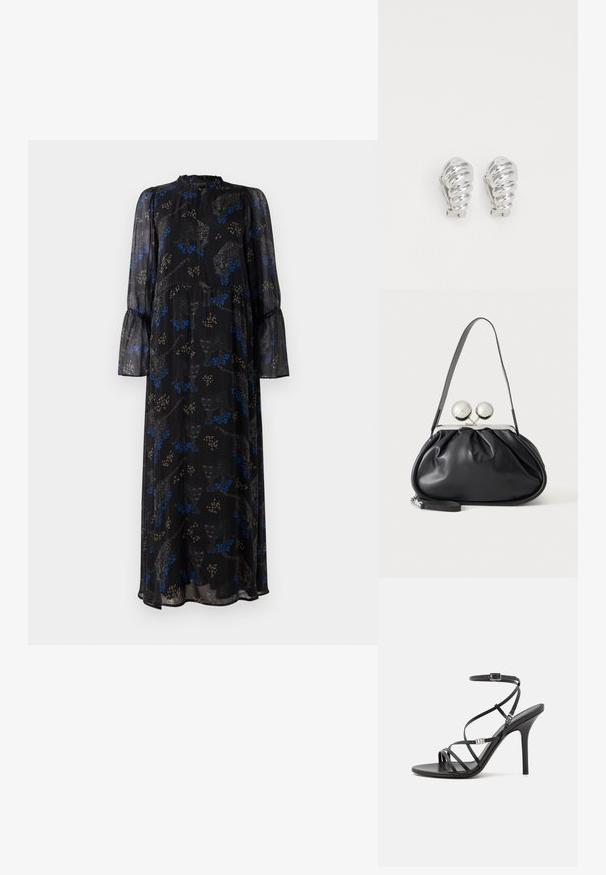 Schwarzes Maxikleid mit langen Ärmeln, Rüschensaum, hohem Kragen und einem blauen und beigen Leopardenmuster.; Schwarze High-Heel-Sandale mit dünnen Riemen, einem Knöchelverschluss, einer glatten Lederoberfläche und einem schlanken Stiletto-Absatz.; Schwarze Ledertasche mit gerafftem Design, einem einzelnen Riemen, silbernem Metallrahmen und zwei großen runden silbernen Verschlüssen.; Silberne Clip-On-Ohringe mit spiralförmigem Design, das eine glatte metallische Textur und abgerundete Formen aufweist. Keine sichtbaren Verzierungen oder Muster.