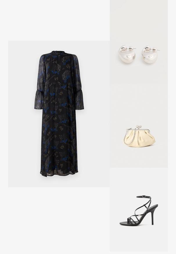 Zwarte maxi jurk met lange mouwen, met ruches aan de manchetten, hoge halslijn en een blauw-beige luipaardprint patroon.; Zwarte hoge hakken sandaal met dunne banden, een enkelgesp, een gladleren oppervlak en een slanke stilettohak.; Geplooide beige leren clutch met een zilveren metalen frame, voorzien van twee ronde decoratieve sluitingen en een zilveren kettingriem.; Een paar glanzende zilveren dikke creolen met post-sluitingen op een effen witte achtergrond.
