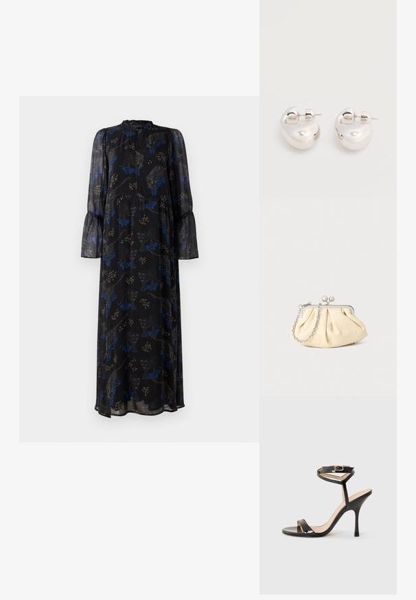 Vestido largo de manga larga negro con puños acampanados, escote alto y estampado de leopardo en azul y beige.; Sandalia de tacón alto de charol negro con tira delgada en el tobillo y hebilla, punta abierta y tacón aguja esbelto sobre fondo blanco.; Clutch de cuero beige plisado con un marco de metal plateado, que cuenta con dos broches decorativos redondos y una correa de cadena plateada.; Par de pendientes llamativos de aro grueso plateado brillante con cierre de poste sobre un fondo blanco liso.