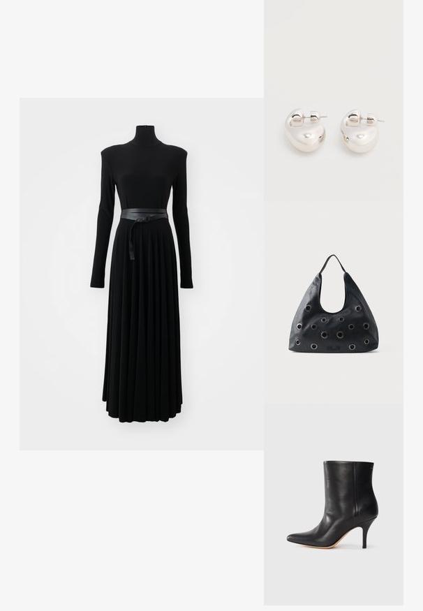 Norma Kamali SHOULDER PAD TURTLE FLARED DRESS TO MIDCALF - Jerseykjole - black; Sort læder ankelstøvle med spids tå, slank stiletthæl og glat tekstur. Minimalistisk design uden synligt hardware eller accenter.; Sort skuldertaske i læder med store cirkulære metaløjer jævnt fordelt over fronten og en enkelt strophåndtag.; Par af skinnende sølv store øreringe med lukning på bagsiden mod en ensfarvet hvid baggrund.