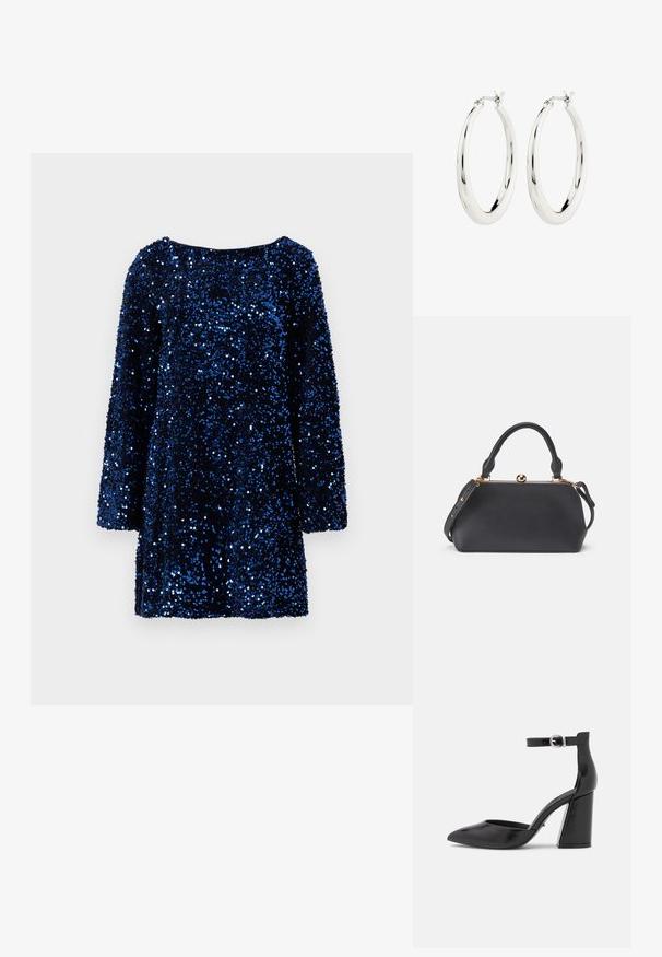 Vero Moda VMLAILA LS SEQUIN BOW EXP - Kokteilikleit/peokleit - midnight blue; ONLY SHOES ONLPAVI - Klassikalised kontsakingad - black; Must mustraid mustkott must ümar ülemine osa, lühike käepide ja eemaldatav rihm. Omab metallist klambrit ja sileda tekstuuri.; Hõbedased rõngaskõrvarõngad siledast ja läikivast viimistlusest. Ringikujuline, sisaldab kindlat kinnitust. Lihtne ja elegantne disain.