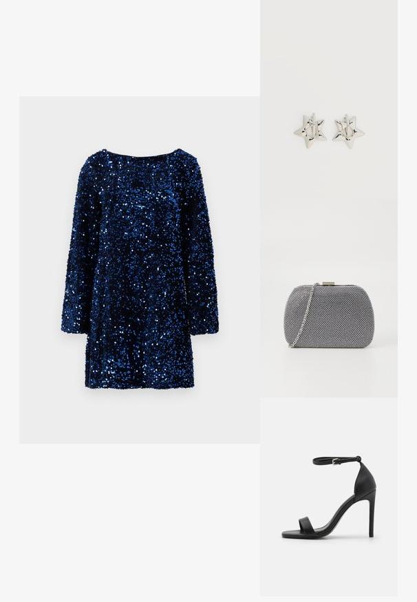 Vero Moda VMLAILA LS SEQUIN BOW EXP - Kokteilikleit/peokleit - midnight blue; Mustad must kõrge kontsaga sandaal, millel on sile disain, sääre rihm, avatud varvas ja sile nahk tekstuur.; Mustvalge tekstuuriga kott, ümmarguse kujuga, hõbedane kettstrap ja metallist kinnitusega üleval.; Hõbedast tähekujulised rõngaskõrvarõngad, millel on sile ja poleeritud viimistlus, tavalise valge taustaga.