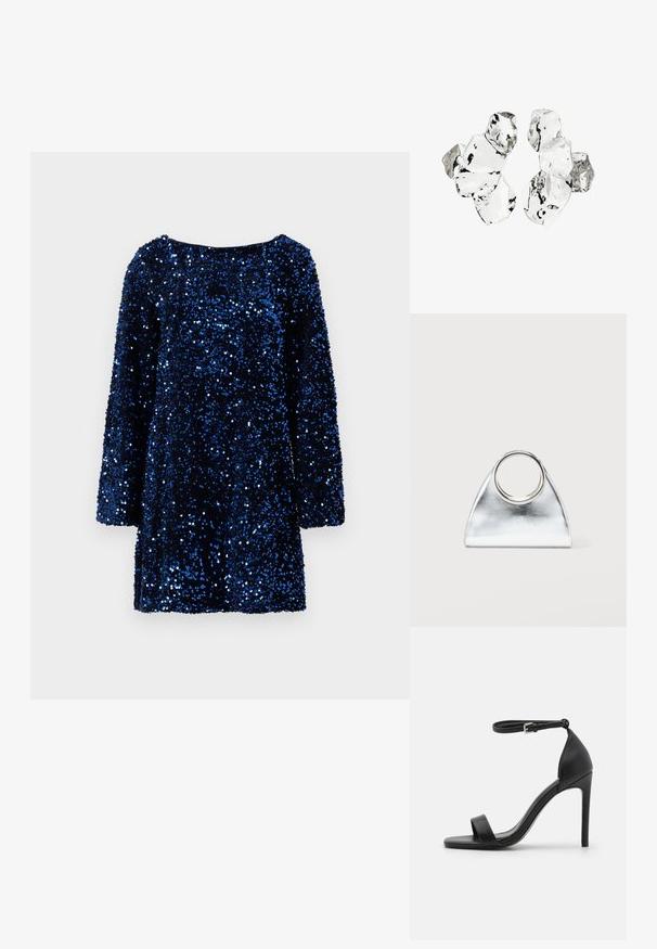 Vero Moda VMLAILA LS SEQUIN BOW EXP - Kokteilikleit/peokleit - midnight blue; Mustad must kõrge kontsaga sandaal, millel on sile disain, sääre rihm, avatud varvas ja sile nahk tekstuur.; Hõbedane metallik kolmnurkse kujuga käekott ümmarguse metallkäepidemega, asetatud tavalisele valgele taustale.; Kuus ebaühtlaselt kujundatud läbipaistvat ja peegeldavat klaasitaolist tükki, paigutatud valgele taustale.