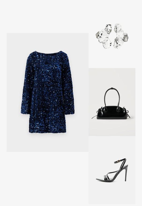 Vero Moda VMLAILA LS SEQUIN BOW EXP - Kokteilikleit/peokleit - midnight blue; Mustad kõrged kontsakingad õhukeste rihmadega varvaste ja pahkluu ümber, peenikese varbaga õhukese kuldse pannalaga.; Väike must läikiv käekott kahe pika sangaga ja külgedel paelakinnitustega, ühel lihtsal helel taustal.; Kuus ebaühtlaselt kujundatud läbipaistvat ja peegeldavat klaasitaolist tükki, paigutatud valgele taustale.