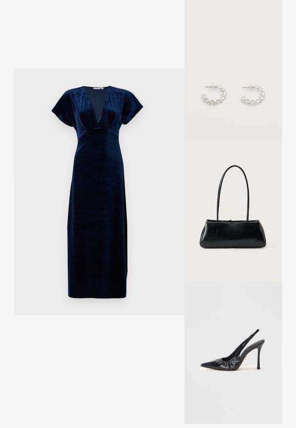 Navyblauwe fluwelen maxijurk met een diepe V-hals en korte vlindermouwen. Glad textuur met een aansluitende silhouet en zijsplitten.; Zwarte leren slingback pump met een spitse neus, geplooide textuur aan de voorkant en een hoge stilettohak.; Zwarte rechthoekige schoudertas met lange dunne banden en een gladde, glanzende textuur op een effen achtergrond.; Zilveren oorringen met open ronde vorm, bezet met heldere gefacetteerde kristallen, met postbevestigingen en transparante oorstoppers op een witte achtergrond.