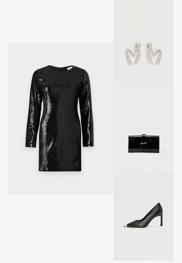 Robe en sequins noirs avec des manches longues, un col rond et une fermeture éclair au dos. Présente une surface texturée avec des sequins réfléchissants sur toute sa longueur.; Chaussure à talon haut en cuir noir avec bout pointu et capuchon argenté métallique. Présente une finition lisse et un talon fin de 10 cm.; Portefeuille rectangulaire brillant noir avec une sangle frontale et une fermeture à boucle en métal argenté, présenté sur un fond blanc uni.; Paire de boucles d'oreilles en métal argenté en forme de lettre M angulaire avec des tiges arrondies sur fond blanc.