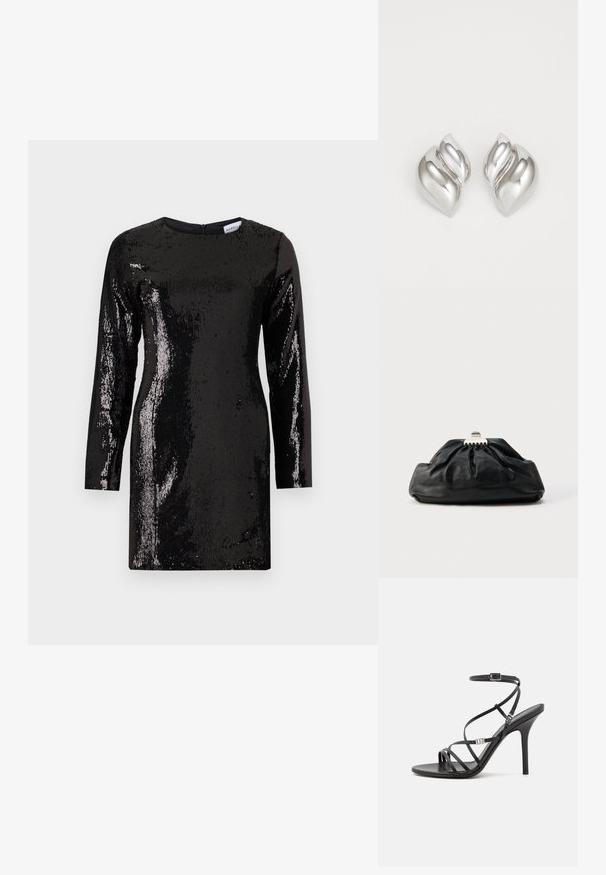 Robe en sequins noirs avec des manches longues, un col rond et une fermeture éclair au dos. Présente une surface texturée avec des sequins réfléchissants sur toute sa longueur.; Sandale noire à talons hauts avec des brides fines, une boucle à la cheville, une surface en cuir lisse et un talon aiguille élancé.; Pochette en cuir noir avec une texture plissée, fermeture à fermoir métallique, et logo embossé discret sur le devant. Forme arrondie.; Boucles d'oreilles en argent avec une forme organique et abstraite. Surface lisse et brillante avec un design effilé. Présente des courbes subtiles et un détail central en ligne.