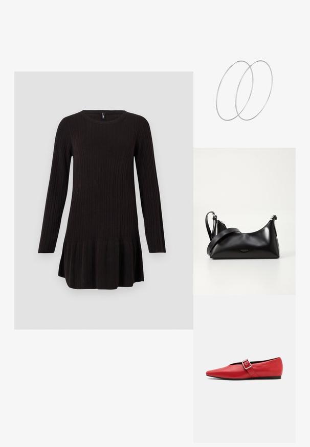 Musthave musträhtud kootud kleit pikkade varrukatega, ümar kaelus ja avar hemline. Pehme tekstuur ja liibuv siluett. Ilma nähtavate mustrite või aktsendita.; Punane nahast lameda tallaga king, millel on terav nina, külje peal rihm metallklambriga ja madal must konts. Ühtlane sile tekstuur.; Mustmust nahkaga kott sileda tekstuuriga. Omab reguleeritavat rihma ja sujuvat, minimalistlikku disaini, millel on lukuga sulgemine.; Hõbedased rõngastikkaehingad minimalistlikus disainis. Ümar kuju, sile tekstuur ja õhuke profiil. Kerged ning poleeritud viimistlusega.