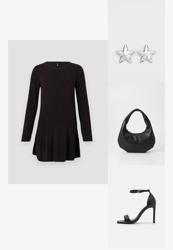 Musthave musträhtud kootud kleit pikkade varrukatega, ümar kaelus ja avar hemline. Pehme tekstuur ja liibuv siluett. Ilma nähtavate mustrite või aktsendita.; Mustad must kõrge kontsaga sandaal, millel on sile disain, sääre rihm, avatud varvas ja sile nahk tekstuur.; Must mustratud käekott, millel on kõver käepide, tekstuuriga pind ja lõtv kuju. Sile viimistlus orgaanilise siluetiga.; Hõbedased tähtkujulised kõrvarõngad, millel on poleeritud, sile pind. Iga kõrvarõnga puhul on viie tipuga ja peene pindade tekstuuriga detailid.