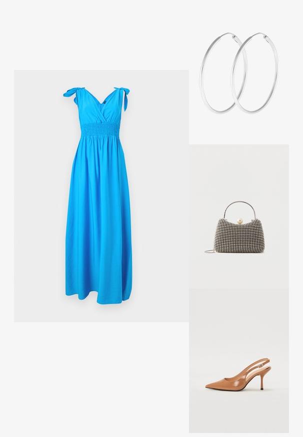Heled kaelusega, kergest kangast, helesinine maxi kleit. Omab rühi, V-kujulist kaelust ja sidumisrihmasid õlgadel. Elegantne, voolav siluett.; Küüntega slingback konts, mis on valmistatud siledast ja läikivast tan värvi materjalist. Omab kaarjat lõigatud disaini ja õhukest stiletto kontsa. Hõbedane pandla detail.; Väike käekott hõbedase võrgumustriga, kõver käepide, suur pärlikinnitus ja õhuke hõbedane kettsahtel lihtsal taustal.; Hõbedaste tooni rõngaste kõrvarõngad, millel on sile, ümar kuju ja poleeritud viimistlus. Mõlemad kõrvarõngad on sama suurusega ning neil on kindel sulgemismehhanism.