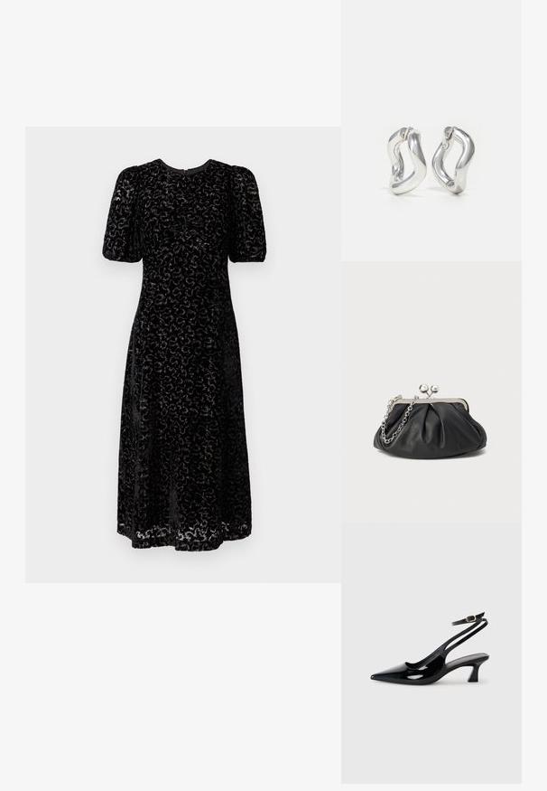 Schwarzes Samtkleid mit Leopardenmuster, kurzen Puffärmeln und knieumspielender Länge. Raffung vorne sorgt für Textur.; Schwarze Lackleder Slingback-Absätze mit spitzem Schuhblatt, niedrigem Blockabsatz und verstellbarem Knöchelriemen mit goldener Schnalle.; Schwarze Leder-Clutch mit geraffter Textur, silberfarbener Metallrahmen, Druckverschluss und Kettenriemen. Glatte, weiche Oberfläche.; Silberne Creolen mit gedrehtem Design. Abgerundete Kanten und glänzende Oberfläche. Offen schließende Verschlüsse für einfaches An- und Ausziehen. Glatte Textur durchgehend.