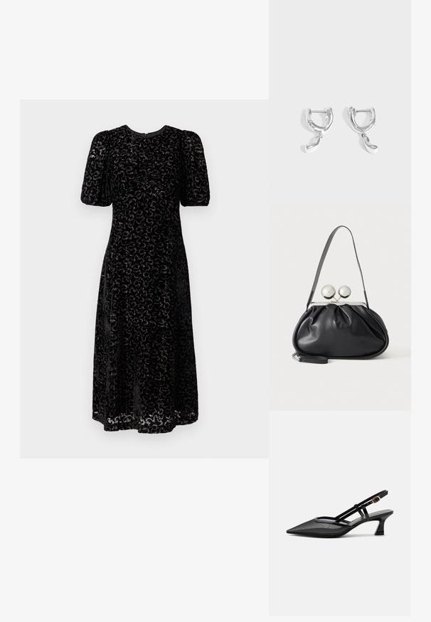 Schwarzes Samtkleid mit Leopardenmuster, kurzen Puffärmeln und knieumspielender Länge. Raffung vorne sorgt für Textur.; Schwarzer spitzer Slingback-Schuh mit Mesh-Obermaterial, dünnen Riemen, goldener Schnalle und niedrigem, geschwungenem Absatz auf weißem Hintergrund.; Schwarze Ledertasche mit gerafftem Design, einem einzelnen Riemen, silbernem Metallrahmen und zwei großen runden silbernen Verschlüssen.; Paar polierte silberne Creolen mit kleinen unregelmäßigen tropfenförmigen Anhängern, die von jedem Creolen an einem schlichten grauen Hintergrund hängen.
