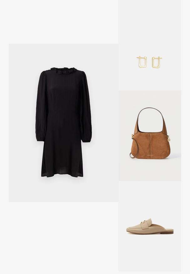 Sort midi-kjole lavet af letvægtsstof, med en rynket krave og lange puffærmer med elastiske manchetter. Struktureret overflade med let glans.; Beige slip-on flade loafers med rundet tå, tekstureret finish, bred rem og guldfarvet rund spænde på hvid baggrund.; Brun ruskinds- og læderhåndtaske med korte og lange stropper, guld Michael Kors-logo og rundt guldsmykke med logo på højre side.; Guldmetal ørehængere med en uregelmæssig firkantet form, der har en glat overflade og en tynd post til fastgørelse.
