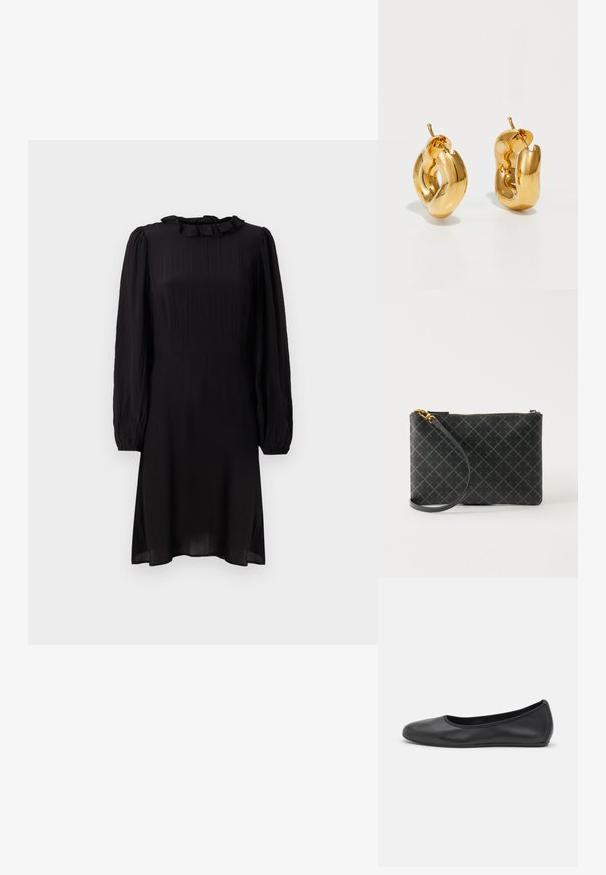 Vestido negro midi hecho de un tejido ligero, con un cuello con volantes y mangas largas abullonadas con puños elásticos. Superficie texturizada con un ligero brillo.; Bailarina de piel negra con punta redondeada, textura suave, detalle de costura minimalista y diseño de suela flexible.; Bolso de mano tipo pulsera negro con patrón de diamantes gris, cremallera dorada y correa desmontable sobre fondo claro liso.; Pendientes de aro grueso en oro con un diseño tubular ligeramente retorcido y cierre de presión, sobre un fondo blanco.