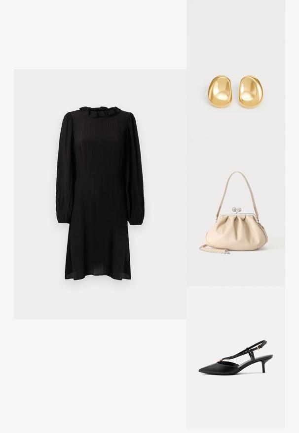 Schwarzes Midi-Kleid aus leichtem Stoff, mit einem Rüschensaumkragen und langen Puffärmeln mit elastischen Bündchen. Strukturiert mit leichtem Glanz.; Schwarzer Leder-Slingback-Kitten-Heel mit spitz zulaufender Spitze, schlankem T-Riemen, verstellbarer Schnalle und kleiner goldener Verzierung am Riemen.; Beige weiche Lederhandtasche mit silbernem Metallrahmenverschluss, einem Schulterriemen und einem optionalen Kettenriemen auf weißem Hintergrund.; Goldfarbene Ohrstecker mit einer glatten, runden Form und einer reflektierenden Oberfläche, die ein minimalistisches Design ohne sichtbare Muster zeigen.