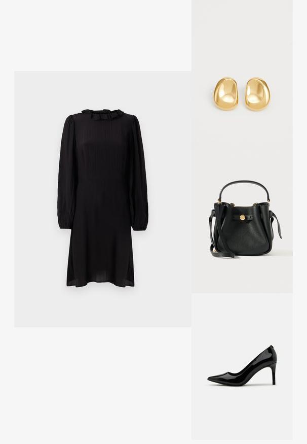 Schwarzes Midi-Kleid aus leichtem Stoff, mit einem Rüschensaumkragen und langen Puffärmeln mit elastischen Bündchen. Strukturiert mit leichtem Glanz.; Schwarze Lackleder-Pumps mit hohen Absätzen, spitzer Zehenform und schlanker Silhouette, die über eine glatte Textur und ein minimalistisches Design verfügen.; Schwarze Taschen aus strukturiertem Leder mit einem kurzen Griff, einem langen Schulterriemen und einem goldfarbenen runden Logo-Verschluss auf der Vorderseite.; Goldfarbene Ohrstecker mit einer glatten, runden Form und einer reflektierenden Oberfläche, die ein minimalistisches Design ohne sichtbare Muster zeigen.