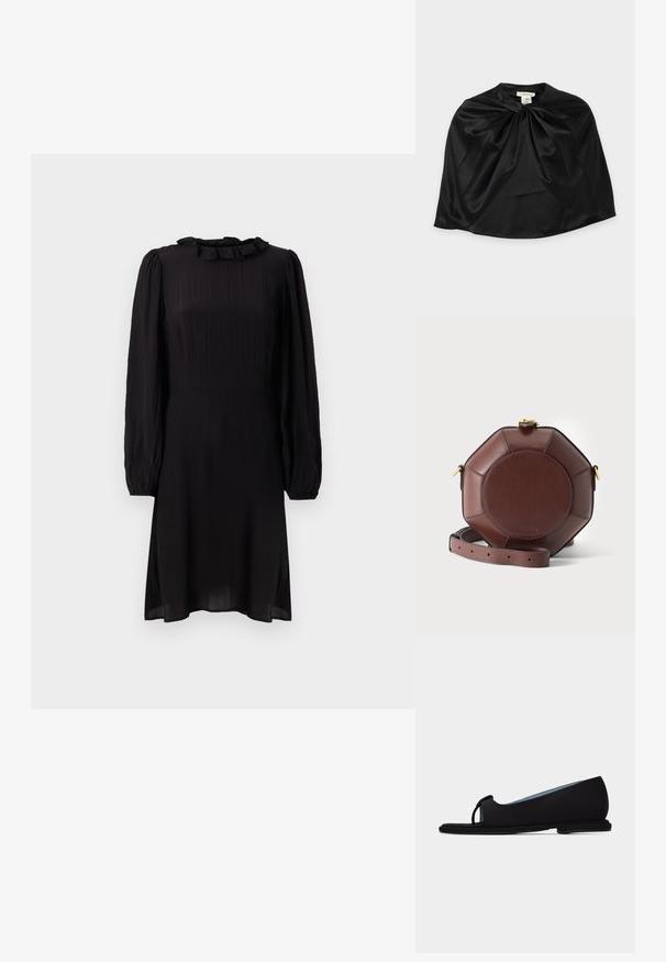 Robe midi noire en tissu léger, avec un col volants et de longues manches bouffantes avec des poignets élastiques. Surface texturée avec un léger éclat.; Chaussure plate noire à bout ouvert avec un détail de nœud, finition lisse, semelle basse et doublure intérieure bleu clair, vue de profil.; Cape en satin noir avec un détail de nœud torsadé au niveau de l'encolure, texture lisse, et étiquette visible à l'intérieur du col.; Sac bandoulière octogonal en cuir marron avec panneau central rond, fermoir doré et bandoulière réglable, posé sur un fond uni.